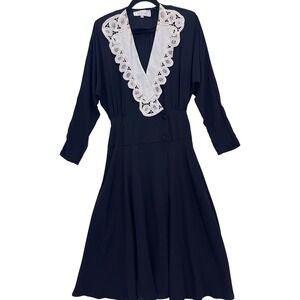 Vintage 80s Michelle Stuart Black Lace Collar Midi Dress 10 Dolman Sleeve